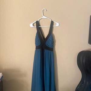 BCBGMaxAzria Margarette Teal Blue & Black Chiffon Colorblock Gown